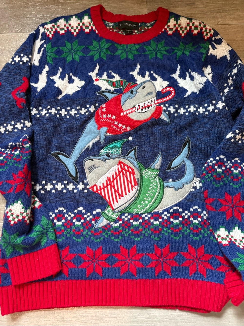 Blizzard Bay Men’s Navy Crewneck Holiday Shark Sweater - Red & Green Accents